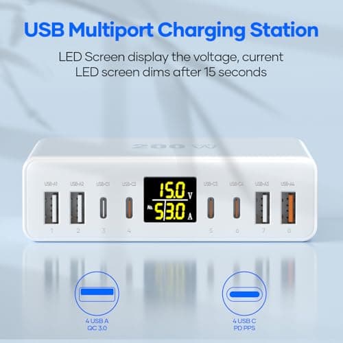YSYFAD 200W USB C Charger 8-Port with LED Display, USB Charging Station GaN — view 3