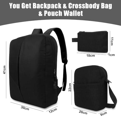 Men's Laptop Backpack with Crossbody Bag Pouch Wallet 3 PCS Set (Black) — view 2
