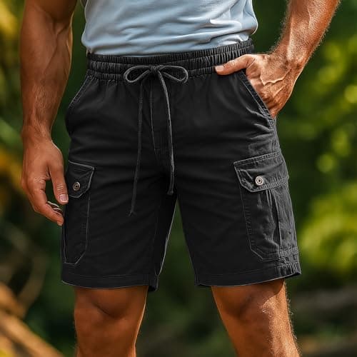 Men's Classic Cargo Shorts with Zip Button Closure, Multi-Pocket Design for Outdoor Sports & Work, Lightweight Summer Trousers, Quick-Dry Fabric (Black, M) — view 2