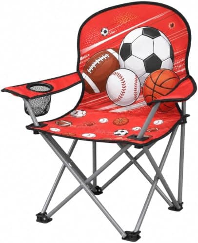 ALUNA Kids Foldable Outdoor Camping Chair Assorted Designs with Cup Holder & Security Lock for Picnic Garden Patio Beach Fishing (Red)