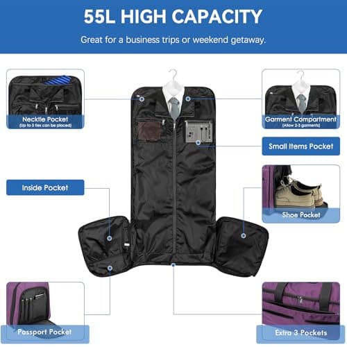 Bukere Carry on Garment Bag for Travel, Convertible Travel Duffel Suit Bag with Shoe Compartment, Detachable Shoulder Strap, 2 in 1 Weekender Suit Bag for Men Women, Purple, Garment Bag for Travel — view 3