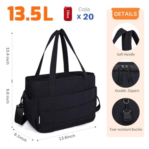NOL Natural Organic Lifestyle Lunch Bag for Women, 13L Large Insulated Thermal Tote with Adjustable Shoulder Strap, Quilted Leakproof Cooler Bag for Work Office Picnic Travel Daily Commute, Black — view 2