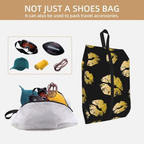 Gold Lips Print Waterproof Shoe Bag Travel Bag with Carry Strap Storage Bag Versatile Cosmetic Bag-2pcs — view 5