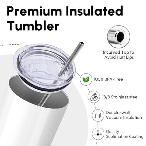 Volhoply 8 Pack Skinny Tumblers with Lid and Straw, 600ml (20oz) Stainless Steel Straight Tumbler Bulk, Vacuum Insulated Coffee Mug for Home, Office, Travel, DIY (Sublimation,8 Pack) — view 3