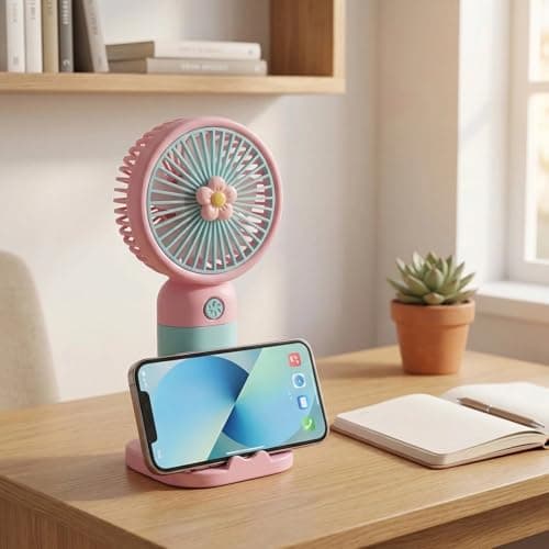 PORUPAEL Handheld Fan, Cute flower Hand Desk Fan Rechargeable Mini Portable Fans Handheld USB Rechargeable Fans Hand Held Travel Cooler for Home Office Bedroom Outdoor Travel (Pink) — view 3