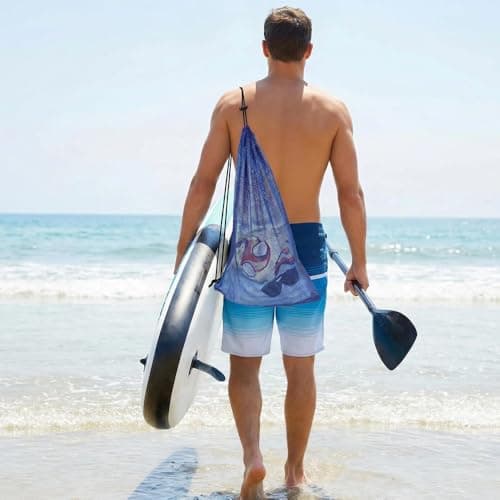 iohsxae Large Mesh Sports Equipment Bag, Heavy Duty Drawstring Ball Sack for Football, Swimming Kit & Gym, 600D Polyester Breathable Net Storage Bag for Beach Toys & Laundry, 68 x 48 cm (Blue) — view 5