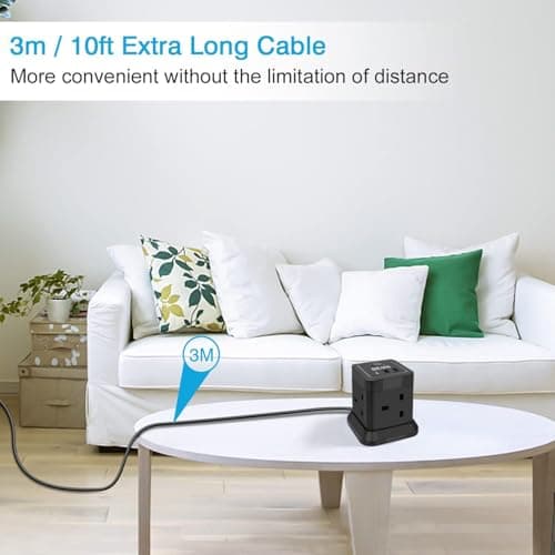 Extension Lead Cube 3M With USB Slots, BEVA 4 Way Extension Socket With 3 USB Ports, Power Strip With Switch Multi Plug Extension with 3 Metre Long Cable For Home Travel Office Dorm-Black… — view 6
