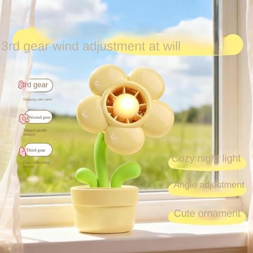 Portable Handheld Fan | 3-Speed Settings Ventilator | Flower Pot Shape USB Rechargeable Night Light Handheld Portable Fan,for Kids Adults Summer Travel Car Beach Outdoor Kitchen Classroom — view 6