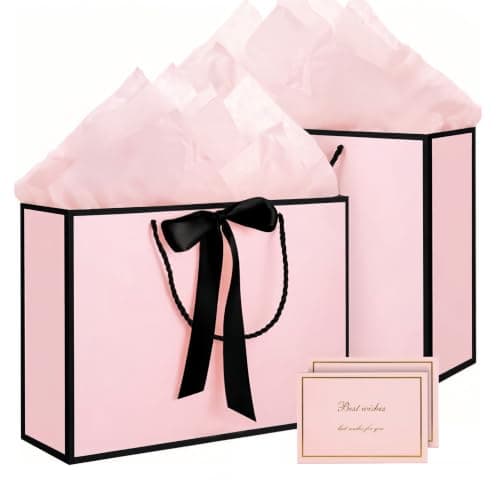 AMFUN 2PCS Medium Pink Gift Bag, Paper Gift Bag with 4 Wrappers and 2 Cards,Present Bags with Handles,Pinks Paper Bags for Women Valentines Girls Bridesmaid Birthday Wedding Party (Pink-Black)