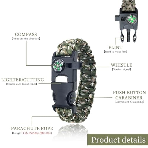BOSOIRSOU Survival Bracelets 4-Pack | 5-in-1 Paracord Bracelet Set with Fire Starter, Compass & Whistle | Emergency Outdoor Gear for Camping, Hiking — view 3