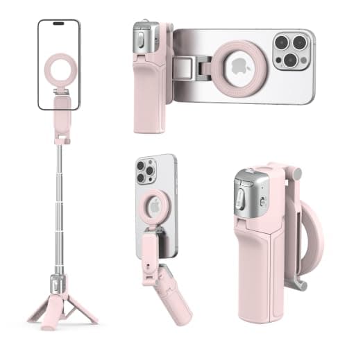 AMAZEAR Phone Camera Grip with Selfie Stick Tripod, Cellphone Accessories for iPhone 16 17 18 Pro Max with Multi-Functional Bluetooth Controller, Comfort Ergonomic Handle Holder, Pink