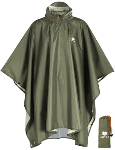 Anyoo Waterproof Rain Poncho weight Reusable Hiking Rain Coat Jacket with Hood for Boys Men Women Adults, 1 Army Green,