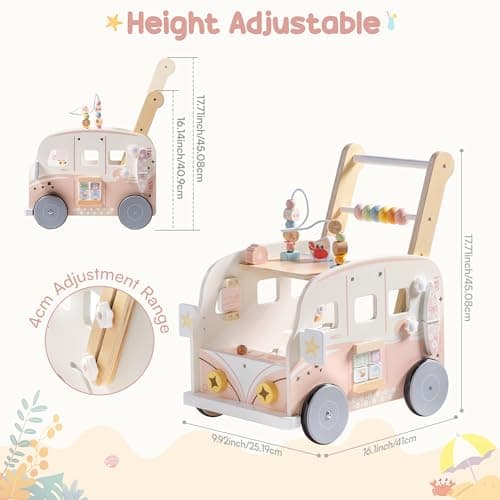 ROBOTIME Wooden Baby Walker, Baby Push Along Toy with Wheels, Multifunctional Activity Walker with Height Adjustment & Speed Control, Gift for Toddler Age 10-36 Months (Pink Mermaid) — view 3
