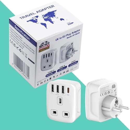 Double Dragon 20W Fast Charging 5-in-1 UK to EU Travel Adapter | 3 USB-A & 1 USB-C Ports | Converts UK 3 PIN Plug to European 2 PIN Plug in Spain, France, Portugal, Germany, Greece, Italy, Sweden, etc — view 2