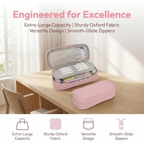 Pencil Case with Compartments, Cute Pink Pencil Case for Kids Girls Boys, Durable Stationery Supplies for School Students, Secondary School Teens, Large Pencilcase Big Capacity with Office & Travel — view 4