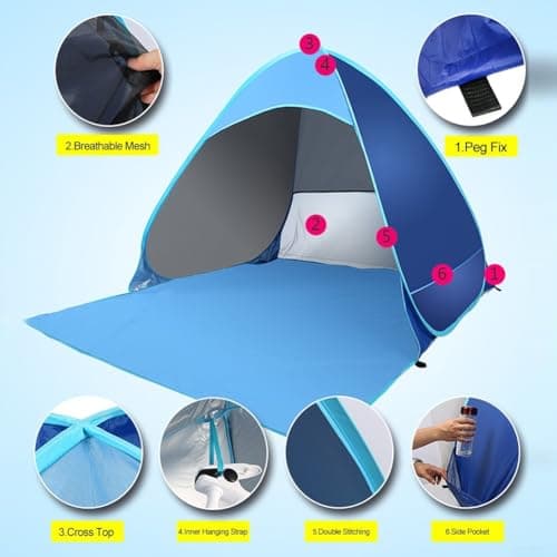 YJDOORPLAY Automatic Up Beach Tent, for INSTANT Sun Shelter,Canopy with UPF,50+ Protection Breathable Mesh, and Sand Pockets, for Camping Hiking Fishing Outdoor Activities — view 4