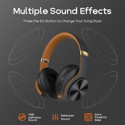 DOQAUS Wireless Headphones Over Ear, Bluetooth Headphones Over Ear with 3 EQ Modes, 90Hrs PlayTime Wireless Headphones,HiFi Stereo Foldable Headset with Microphone for PC Cellphone Tablet(Black-Brown) — view 3