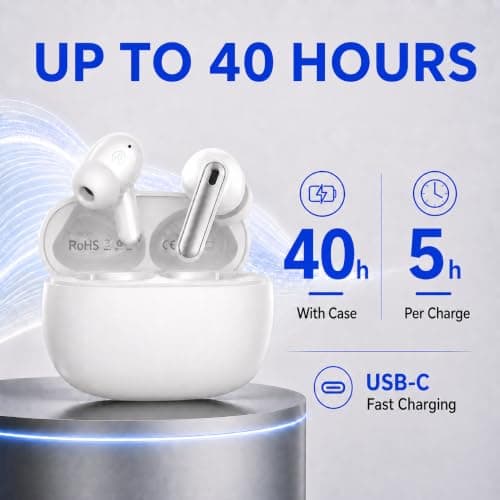Wireless Earbuds, Bluetooth 5.4 In-Ear Headphones with 13mm Drivers, Hi-Fi Stereo Deep Bass, ENC Noise Cancelling Mic, 40H Playtime, IPX7 Waterproof, USB-C Earphones for iOS Android (Frost White) — view 5