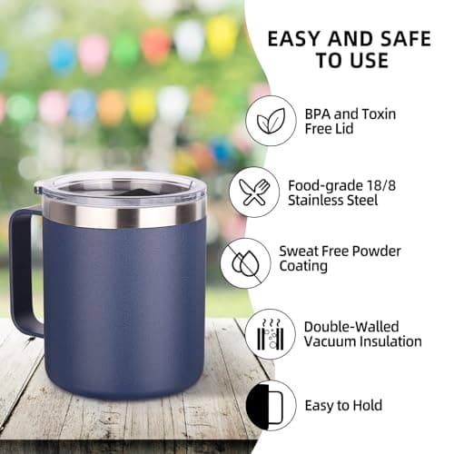 Volhoply 14oz Insulated Stainless Steel Coffee Mug with Lid Bulk 2 Pack,Double Wall Vacuum Travel Coffee Cup with Handle,Reusable Metal Tumbler,Camping Mugs Keep Hot,Christmas Gifts(Navy,2) — view 4