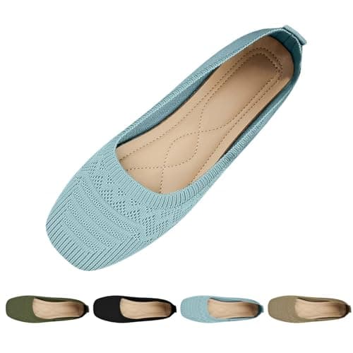 Women's Ballet Flats, Slip On Dressy Knit Flats Lightweight Breathable Round Toe Shoes Wide Toe Box for Women with Arch Support, Comfortable Travel Work Business Office Shoes Size 7 Sky Blue