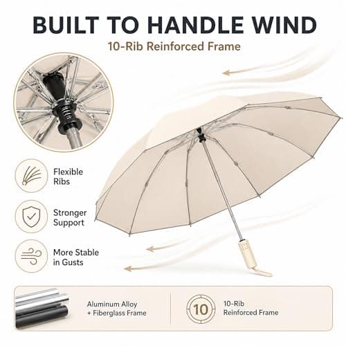 SFDRANVEX Automatic Compact Travel Umbrella Windproof Folding UV Sun Protection Lightweight Strong Frame(​Light Khaki) — view 4