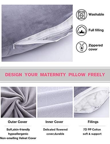 AS AWESLING Pregnancy Pillow, U Shaped Full Body Pillow, Nursing, Support and Maternity Pillow for Pregnant Women with Removable Velvet Cover (Grey) — view 3