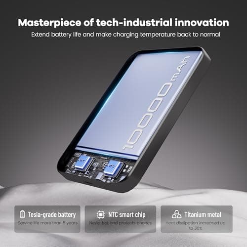 Kstime Magnetic Power Bank, 10000mAh 14mm Ultra Thin Titanium Design PD20W Wireless Portable Charger with USB-C Input and Output Compatible with iPhone 17/16/15/14/13/12 Series (Silver) — view 4