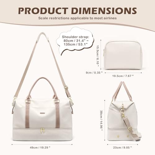 Weekender Bags for Women, Carry On Travel Duffel Bag with Shoe Compartment & Toiletry Bag, 46L Overnight Bag Gym Hospital Bags for Labor and Delivery (Cream White) — view 2