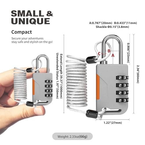 UP Security 4 Digit Combination Padlock with Retractable Cable (36in), Ski Lock, Combo Cable Lock for Snowboard, Travel Luggage, Suitcase, Bike, Gym Locker, Cabinet, Fridge, Refrigerator Door (Gray) — view 2