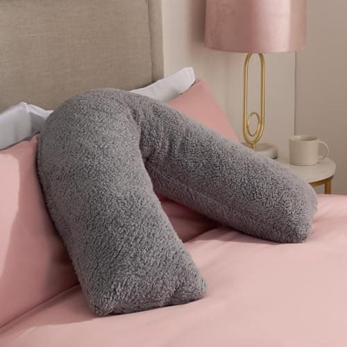 OHS V Pillow Teddy Fleece Grey, Support Pillow for Sleeping Relaxing Super Soft Warm Comfy Pillow Cuddle Cushion Orthopaedic V Shape for Bed Sofa, 80 x 60 x 25cm