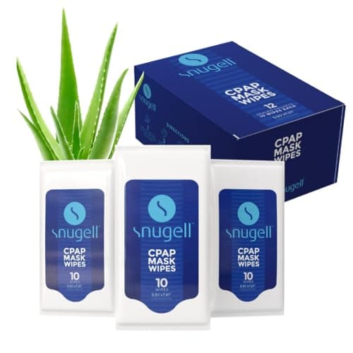 CPAP Mask Wipes by Snugell (12 Pack, 10 sheets/pack) - Perfect for Travel - For Cleaning CPAP Mask and Devices - Unscented 100% Soft Cotton - Skin Safe with Aloe Vera - Fast & Easy Opening Sachets