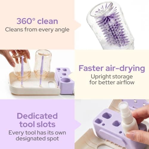 lalalark 7-in-1 Portable Baby Bottle Brush Kit, Silicone Cleaner, Purple — view 6