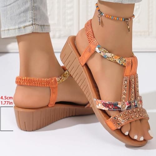 AEHAXGD Rhinestone Wedge Sandals for Women 2026 Summer Orthopedic Bohemia Sparkly T Strap Shoes Embellished Jeweled Beaded Sandals with Elastic Ankle Strap Comfy Cute Sandals for Beach Travel — view 6