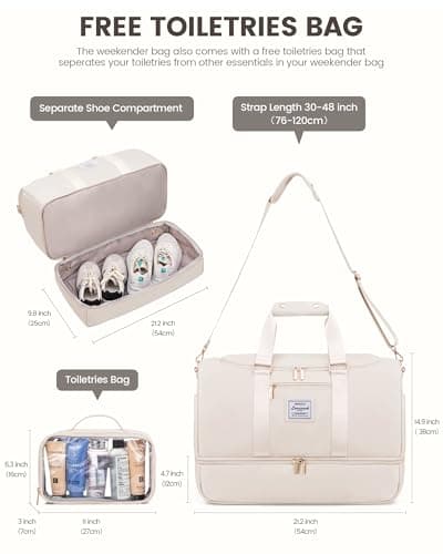 LOVEVOOK Travel Bags for Women, 50L Large Weekend Overnight Holdall Hospital Bags with Toiletry Bag, Shoe Compartment & Wet Pocket, Waterproof Cabin Hand Luggage Bag for Travel Gym Sports, Beige — view 2