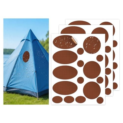 Skystuff Self-Adhesive Nylon Patches for Clothing & Tent Repair Kit – 48PCS Waterproof Ripstop Fabric Repair Tape for Down Jacket, Puffer Coat, Sleeping Bag, Backpack, Outdoor Gear Fix, Light Coffee