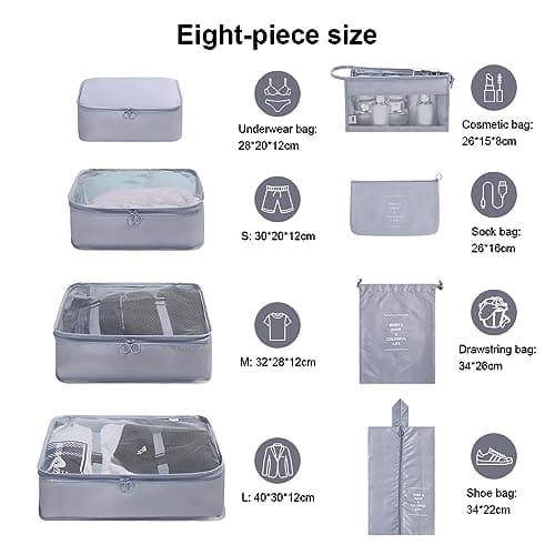OSDUE Packing Cubes for Suitcase, 8PCS Thickening Travel Organiser Packing Bags Lightweight Travel Accessories Organizers Essentials Clothes Shoes Cosmetics Toiletries Storage Bags — view 2