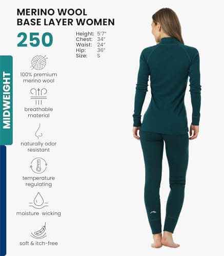 100% Merino Wool Base Layer Womens Set - Thermal Underwear Womens + Socks (Medium, 250 Deep Teal Z) — view 2