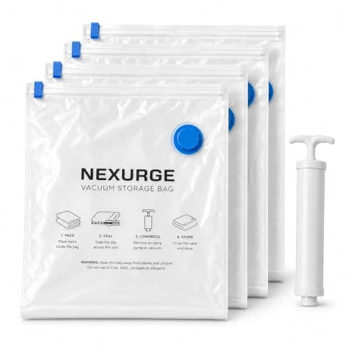 NEXURGE Vacuum Storage Bags with Hand Pump, 5 Pack 50 × 70 cm, Airtight Compression Space Saver Bags for Clothes, Bedding, Wardrobe, Travel & Luggage, Clear