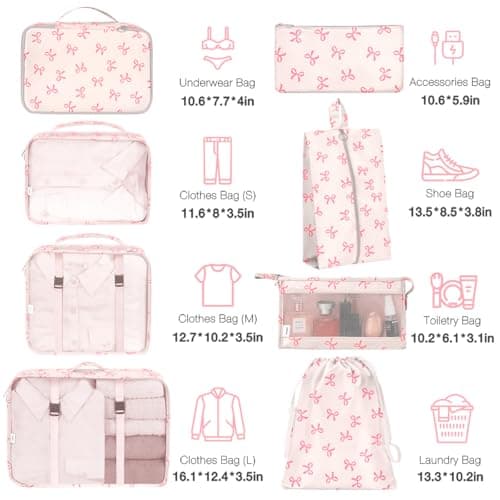 8 Set Packing Cubes for Suitcases,Suitcase Organizer with Shoe,Cosmetics,Clothing, and Accessories Bags for Travel Luggage Organizer Women Men(Pink Bows) — view 2