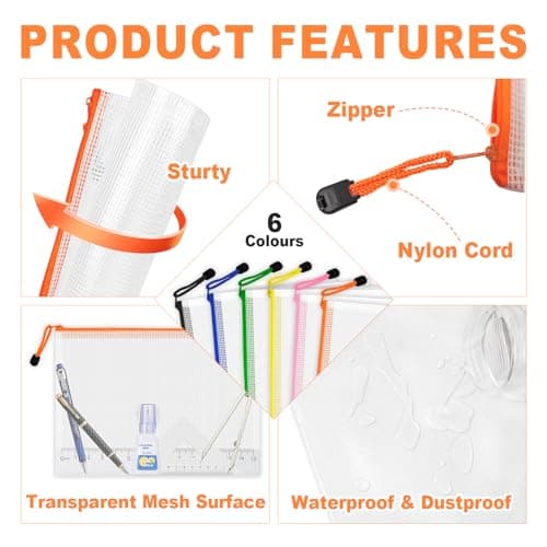 FOSHISY 6 Pack A4 Plastic Zip Wallets, Plastic Zip File Folders, 6 Colors — view 3