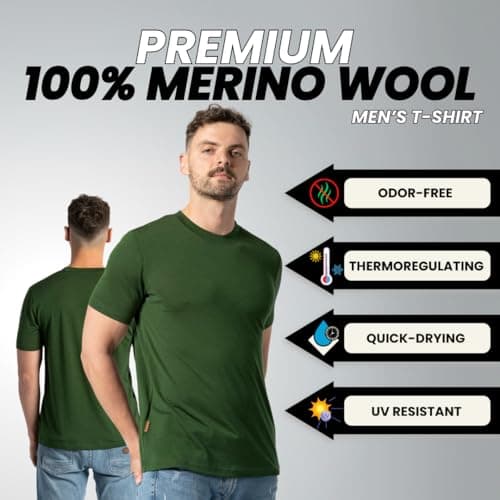 menique 100% Merino Shirt Mens Short Sleeve T Shirt, Lightweight Thermal Top Men, Base Layer, Wicking Breathable Undershirt Top, Crew Neck Tee for Outdoor Travel & Hiking, Dark Green, M — view 3