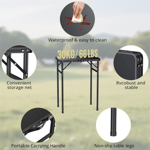 Anbte 2ft Folding Camping Table Max 74 cm, 3 Adjustable Heights Aluminum Small Folding Table with Storage Net & Portable Handle, Lightweight, for Travel Outdoor Beach Picnic Indoor, 60 x 40 cm, Black — view 4