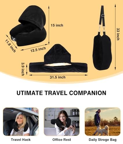 Lulttihy Stuffable Travel Neck Pillow with Hood, Soft Velvet Fabric,Black — view 6