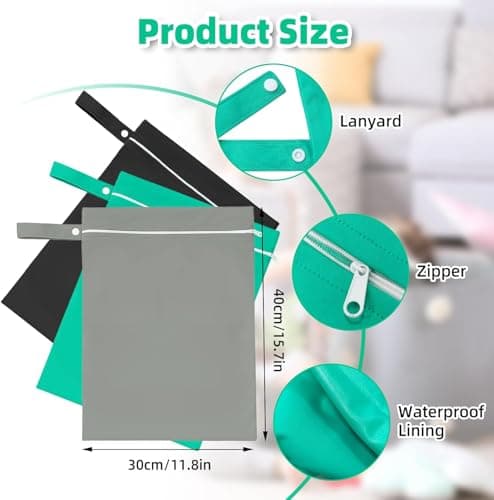 GOEDEKE 3 PCS Wet Bags, Reusable Cloth Diaper Bags with Handle and Zipper, 40 x 30 cm Wet Bags for Swimming Travel, Washable Wet Dry Bag for Travel, Beach, Camping, Swimming, Gym (Grey, Green, Black) — view 2