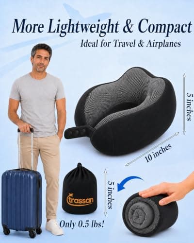Travel Pillow for Airplane – Memory Foam Neck Pillow for Travel, Ergonomic Adjustable Flight Pillow for Adults, Compact Neck Cushion with Eye Mask, Ear Plugs & Carry Bag (Black) — view 3