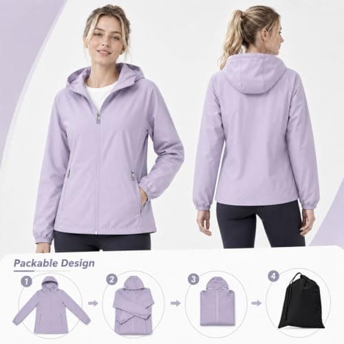 GDOKKNY Women Waterproof Rain Jacket, Lightweight Packable Hooded Raincoat with Storage Pouch, Windproof Rain Coat for Cycling Hiking Commuting Travel — view 5