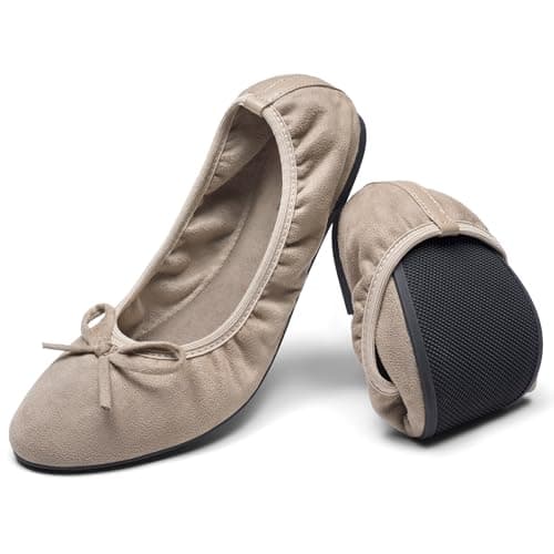 Greatonu Women's Ballet Pumps Comfort Foldable Portable Travel Slip on Slipper Bow Tie Flats Shoes Beige UK 3