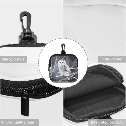 Mini Pouch with Carabiner, Neoprene Travel Makeup Bag with Zipper Tool Storage Pouch Winter White Owl Coin Purse Portable Earbud Case Waterproof Card Holder Wallet for Women Men — view 5