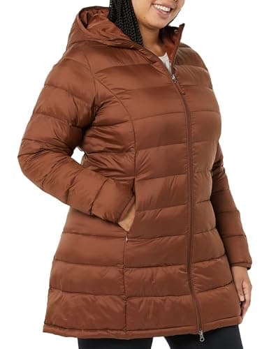 Amazon Essentials Women's Lightweight Water-Resistant Packable Hooded Puffer Jacket (Available in Plus Size), Dark Toffee Brown, L