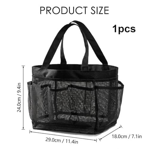 1 Pack Quick Dry Mesh Shower Bag, Portable 8 Pockets Bath Organiser Shower Caddy Tote with 2 Handles Hanging, for College Dorm Room Essentials, for Beach, Swimming, Gym, Travel Essentials (Black) — view 2